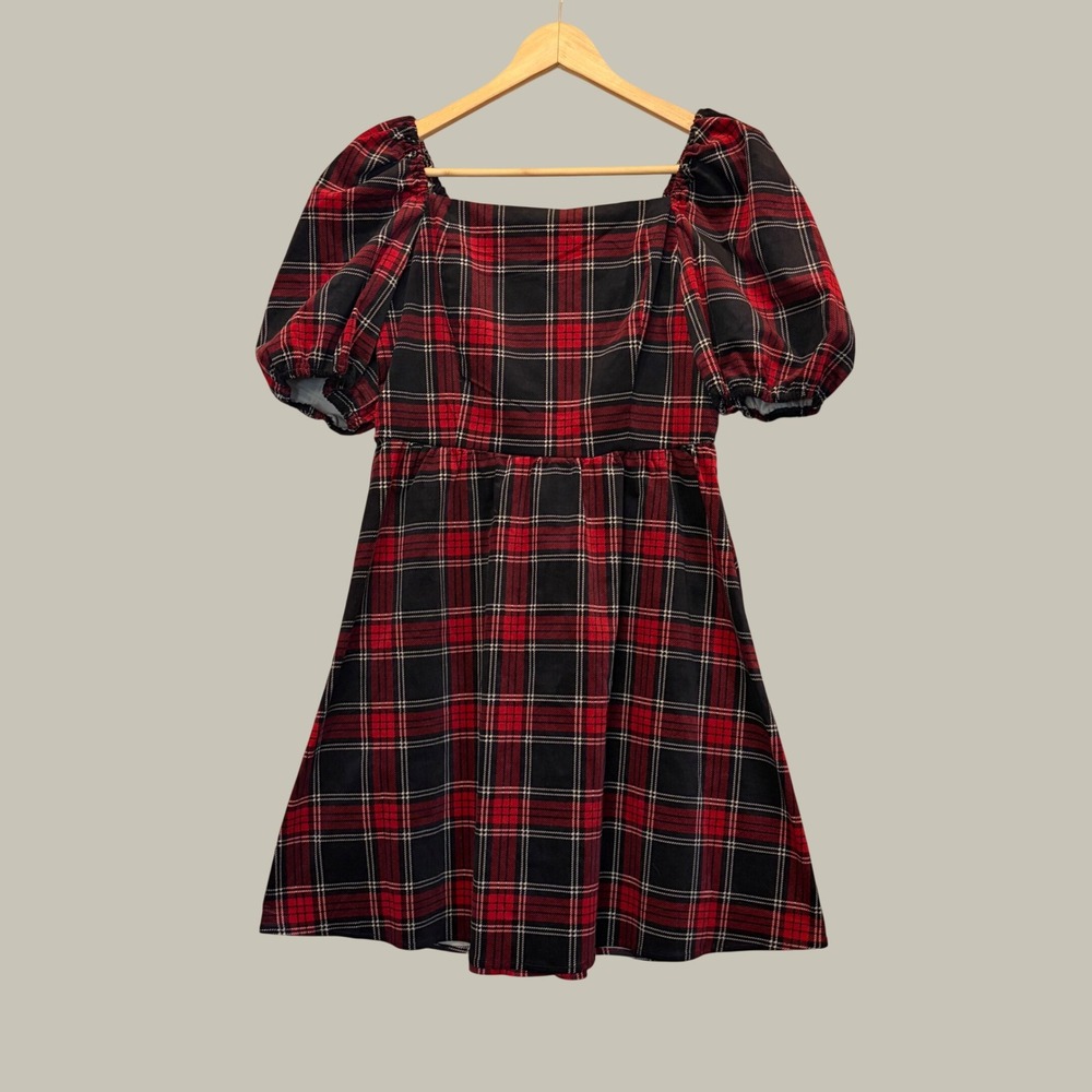 Copper Key Plaid Mini Dress Women Large Red Black Puff Sleeve Smocked Back NWT